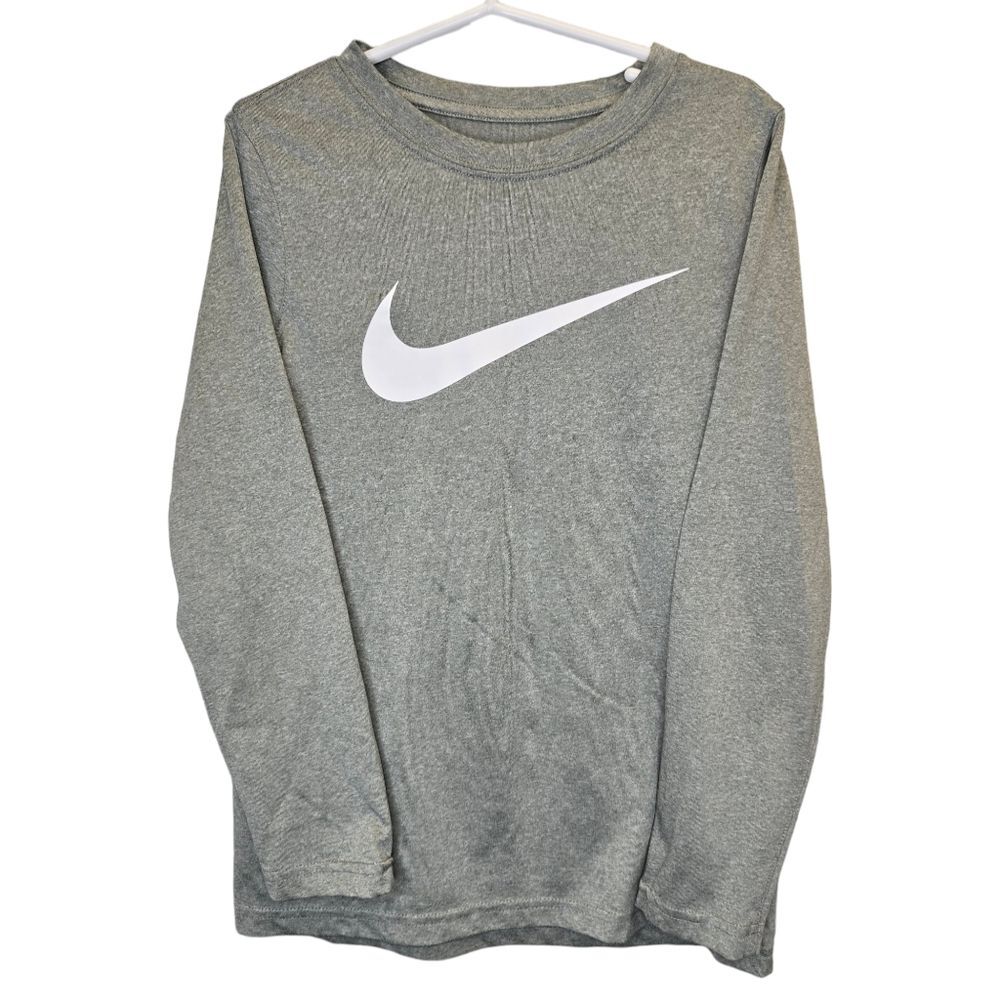 Nike Boys Small The Nike Tee Swoosh Dri-Fit Long Sleeve Shirt Grey White